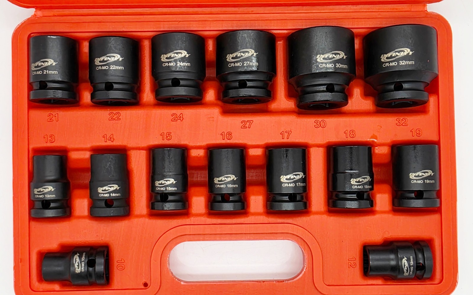 15pcs 1/2″ Drive 12 Point Metric Shallow Impact Socket Set 10~32mm Cr-MO Sockets