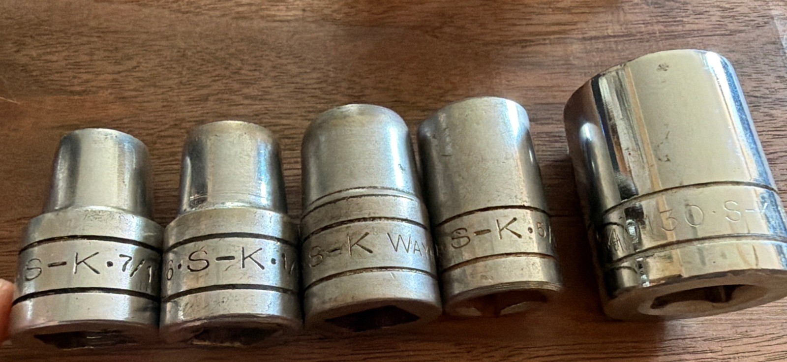 Lot of 5, S-K Sockets 6 point 7/16, 1/2, 9/16 & 12 Point 5/8, 15/16 USA Shallow