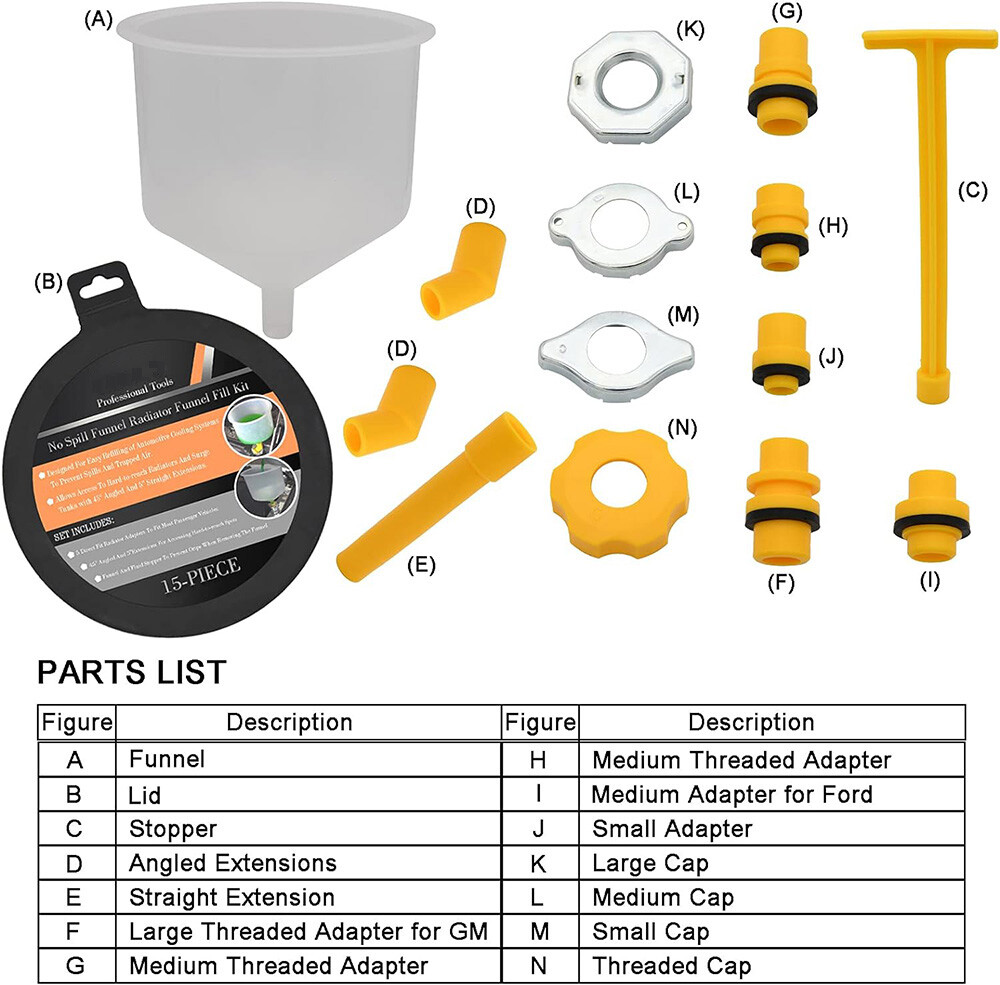 No-Spill Coolant Funnel Kit Spill Proof Funnel Bleeder with Adapters Universal