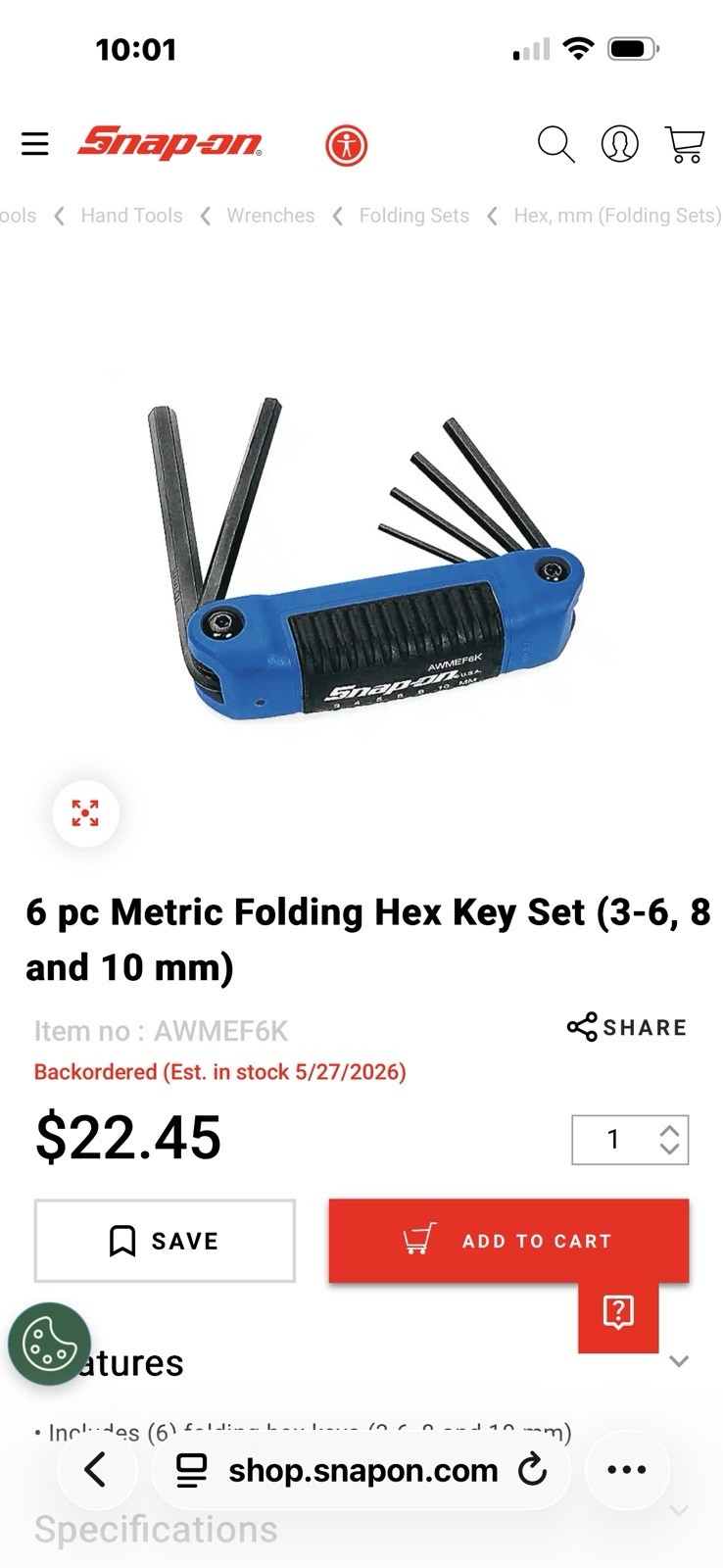 Snap-on Folding Hex & Torx Key Set Organizing Tray. (tools Not Included).