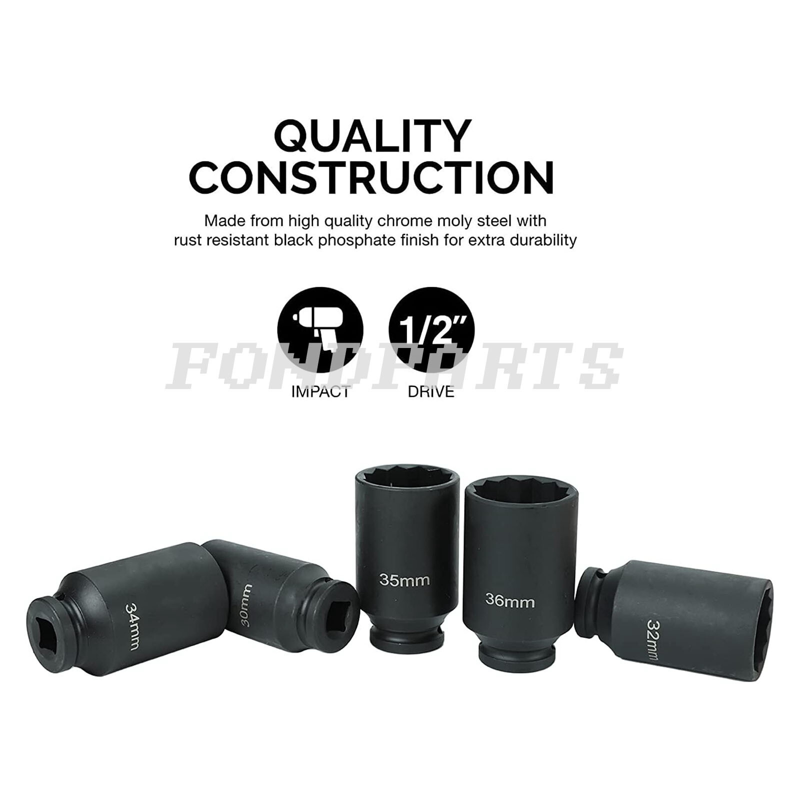 5pcs 12 Point Metric 1/2» Deep Spindle Axle Nut Socket Set 30 32 34 35 36mm