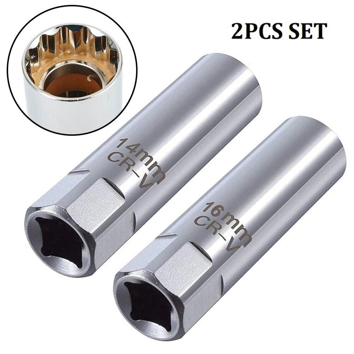 2PCS Chrome 3/8 IN Dr 14mm & 16mm Magnetic Spark Plug Socket Set Thin Wall 12 Pt