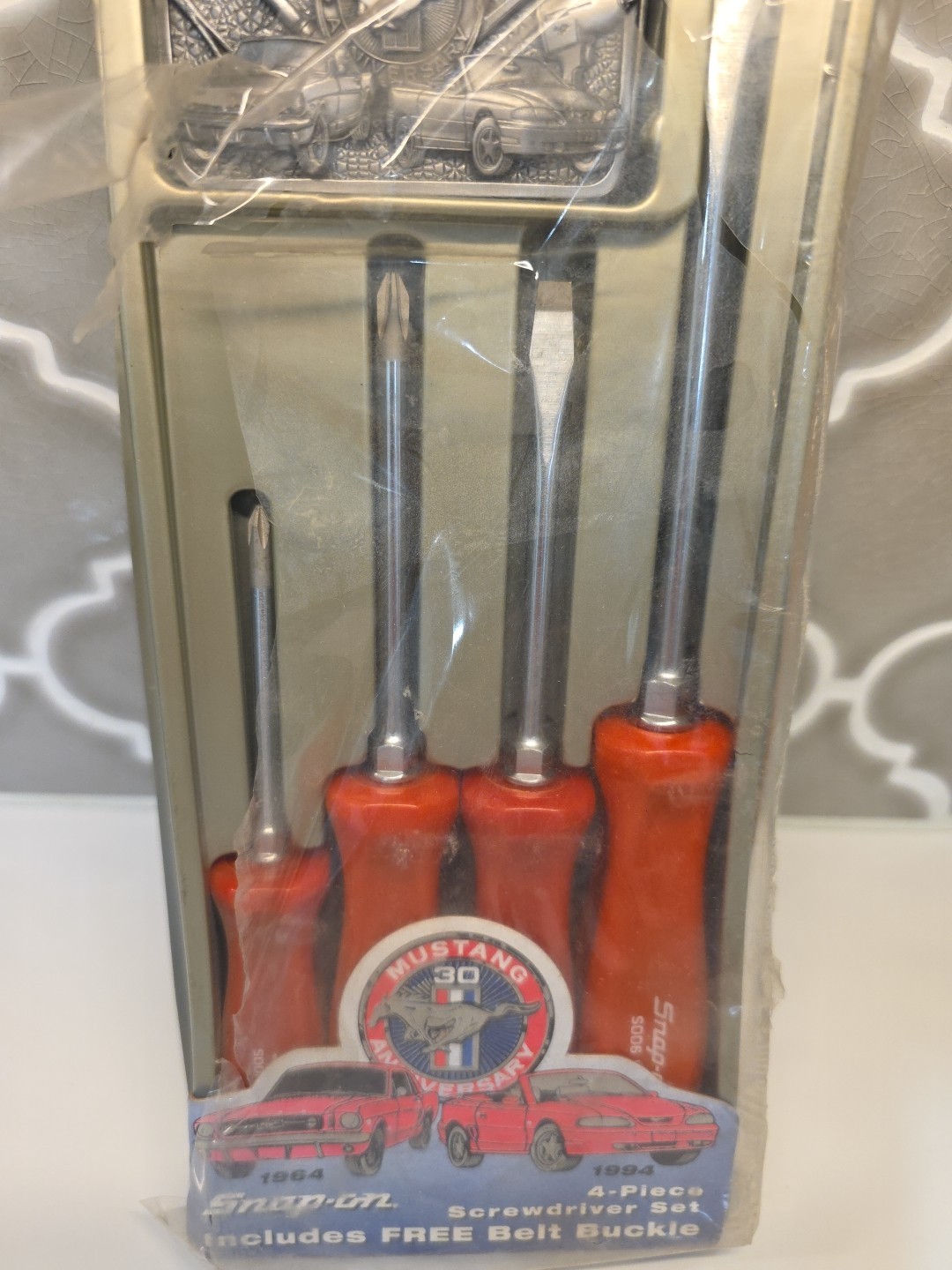 Snap On Mustang 30th Anniversary 4 piece Red Screwdriver Set and Belt Buckle