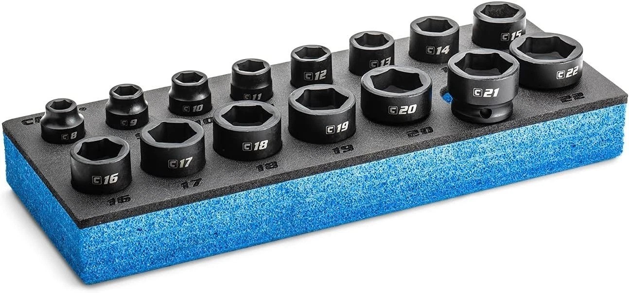 Compact 3/8″ Drive Stubby Impact Socket Set with Mechanic’s Tray – 15 Pieces