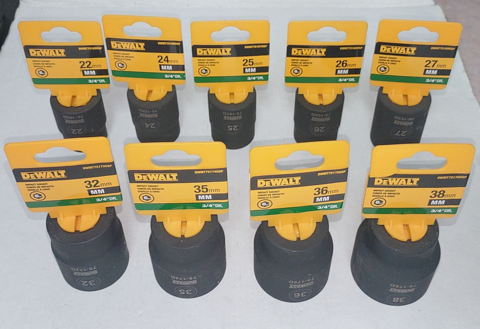 DeWALT 9 pc 3/4″ Drive Metric Impact Socket Set 24mm – 27mm 32mm 35mm 36mm 38mm
