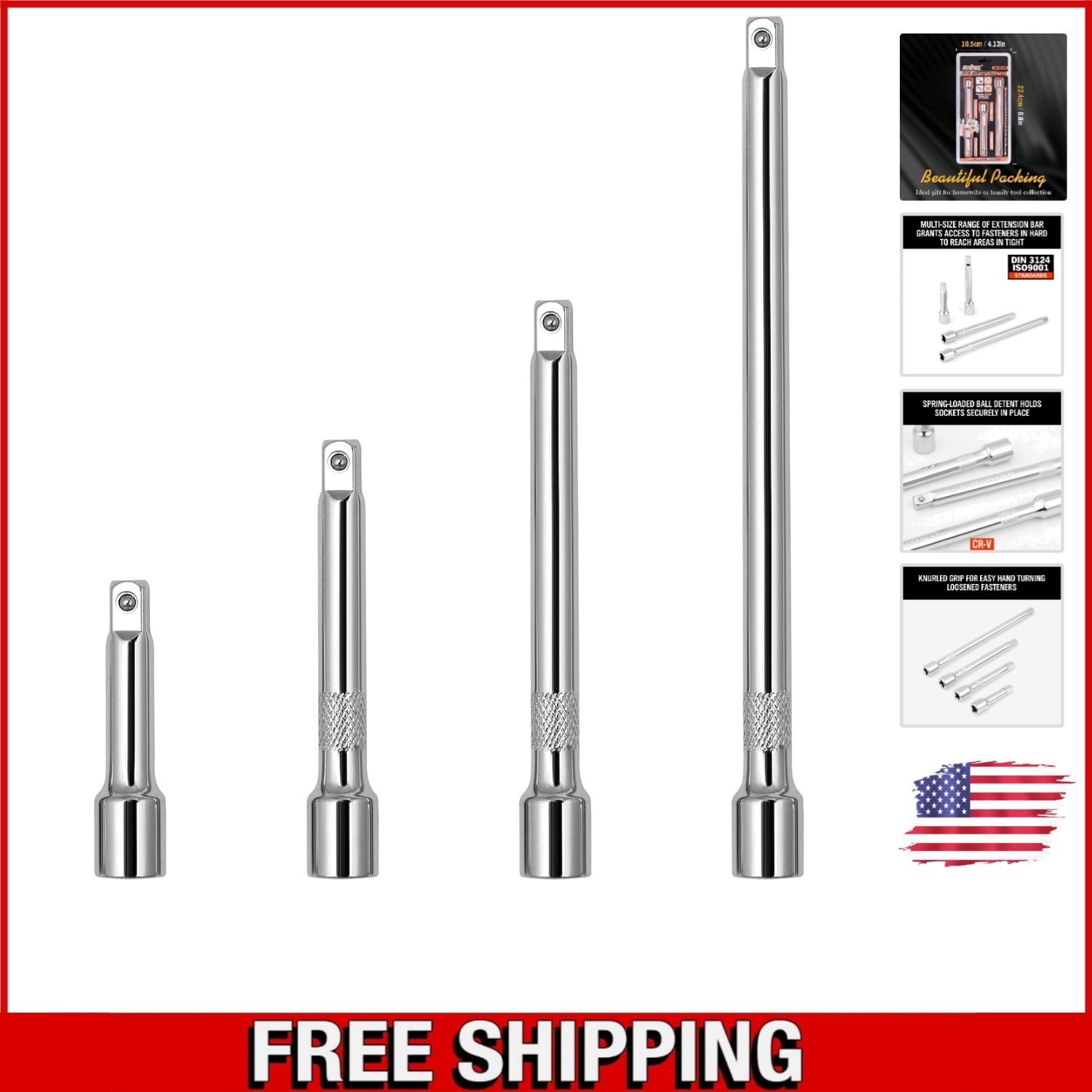 1/4″ Socket Extension Set – 4PCS, Chrome Vanadium with Secure Fit