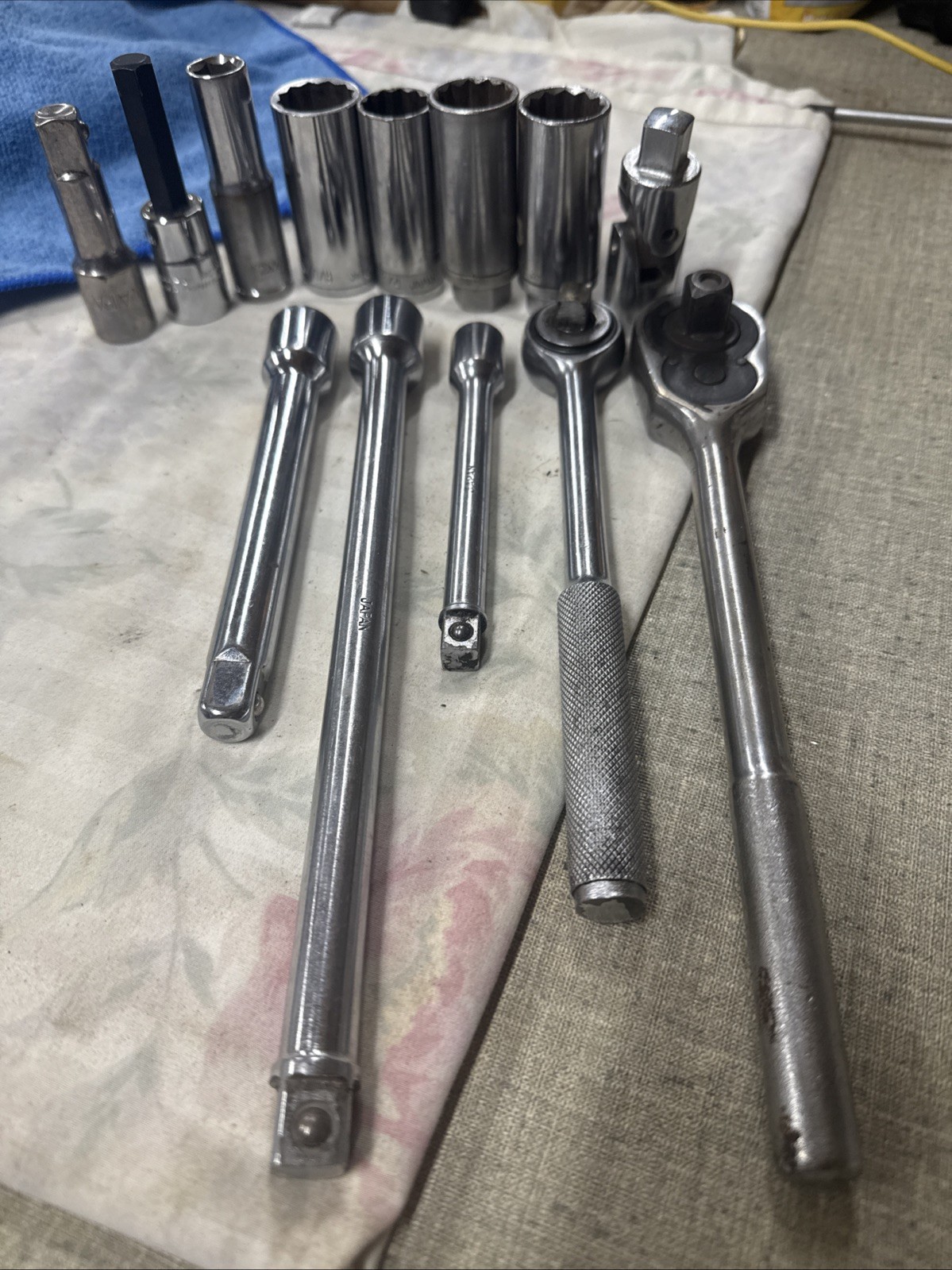 Vintage Japan, Manufactured, Ratchets, And Sockets.3/8” Dr. 1/2” Dr. + Extension