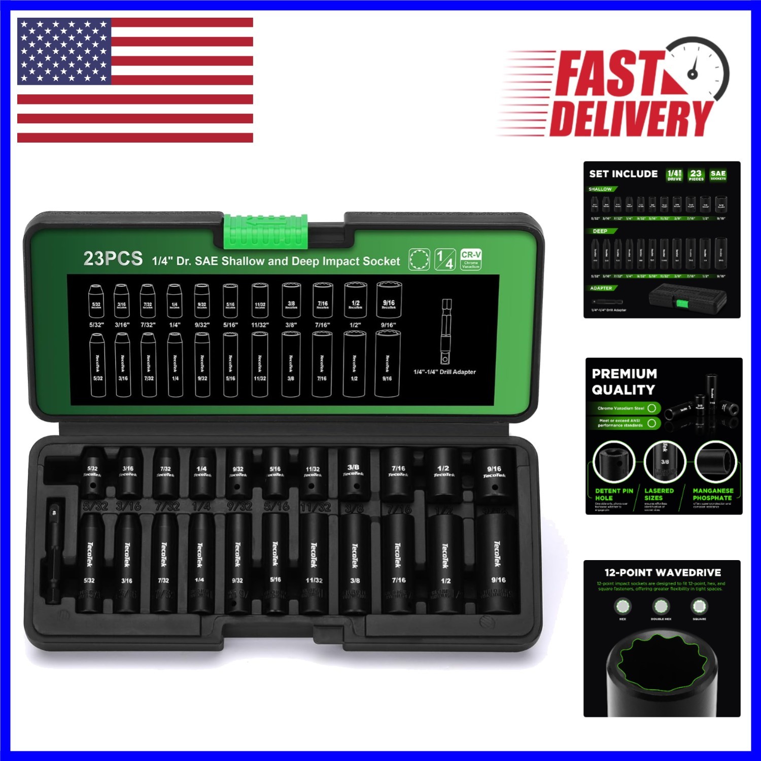 23-Piece Chrome Vanadium Impact Socket Set, 1/4-Inch Drive with Drill Adapter