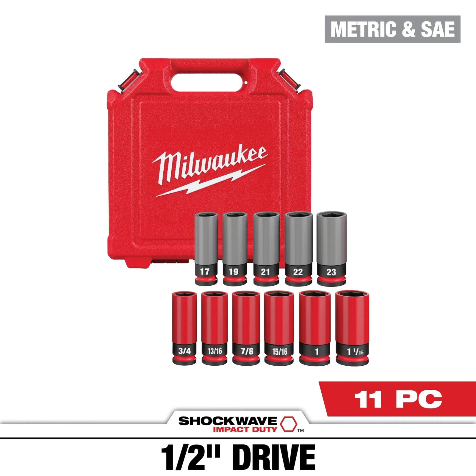 Milwaukee 49-66-7833 Impact Duty 1/2 Dr SAE & Metric 11PC Lug Nut Wheel Sock Set