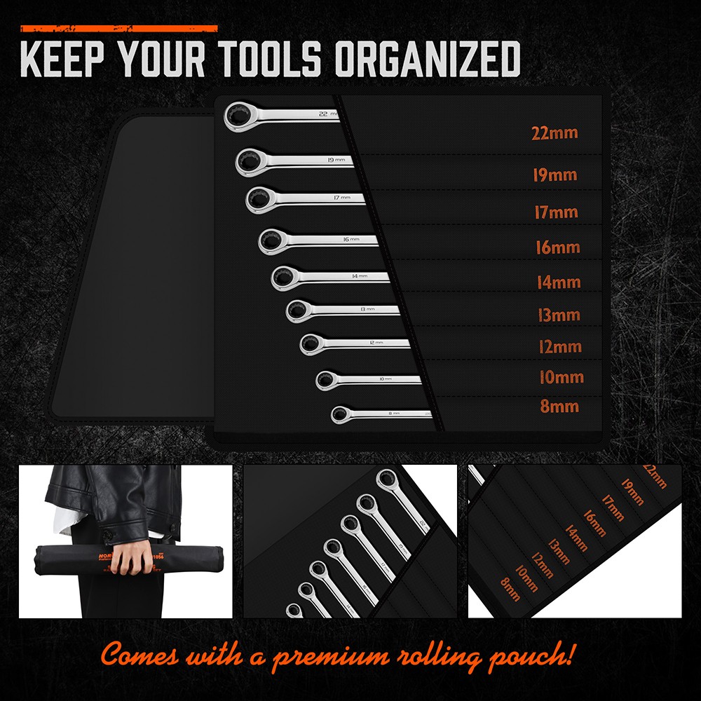 9-Piece Extra Long Ratcheting Wrench Set Double Box End with Bag Metric 8-22mm