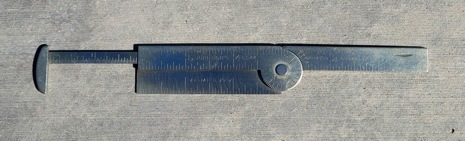 JOHNSON’S TOOLS LONG No. 44 GERMAN SILVER CALIPER PROTRACTOR RULER Jan 08, 1907