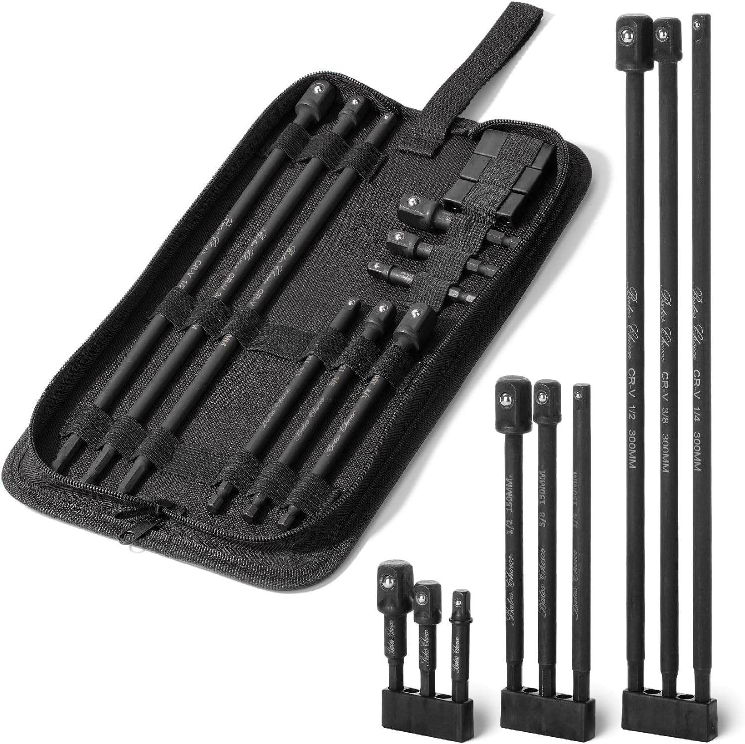 Durable Bates Socket Adapter Set: 9 Pieces in 3 Sizes | Black Oxford Storage Bag