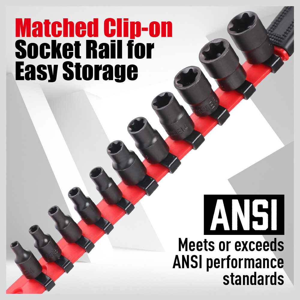11PC Female E-TORX Star Socket Set External E4-E20 Torque 3/8″ 1/4″ Dr. & Rail