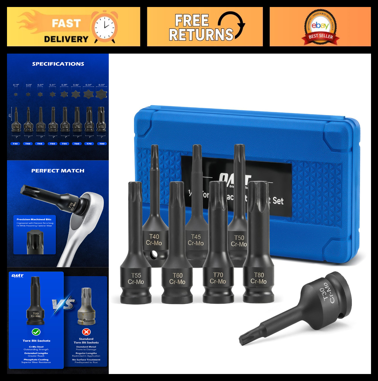8pc 1/2″ Drive Torx Bit Socket Set T30-T80, Cr-Mo Steel Impact Sockets & Case