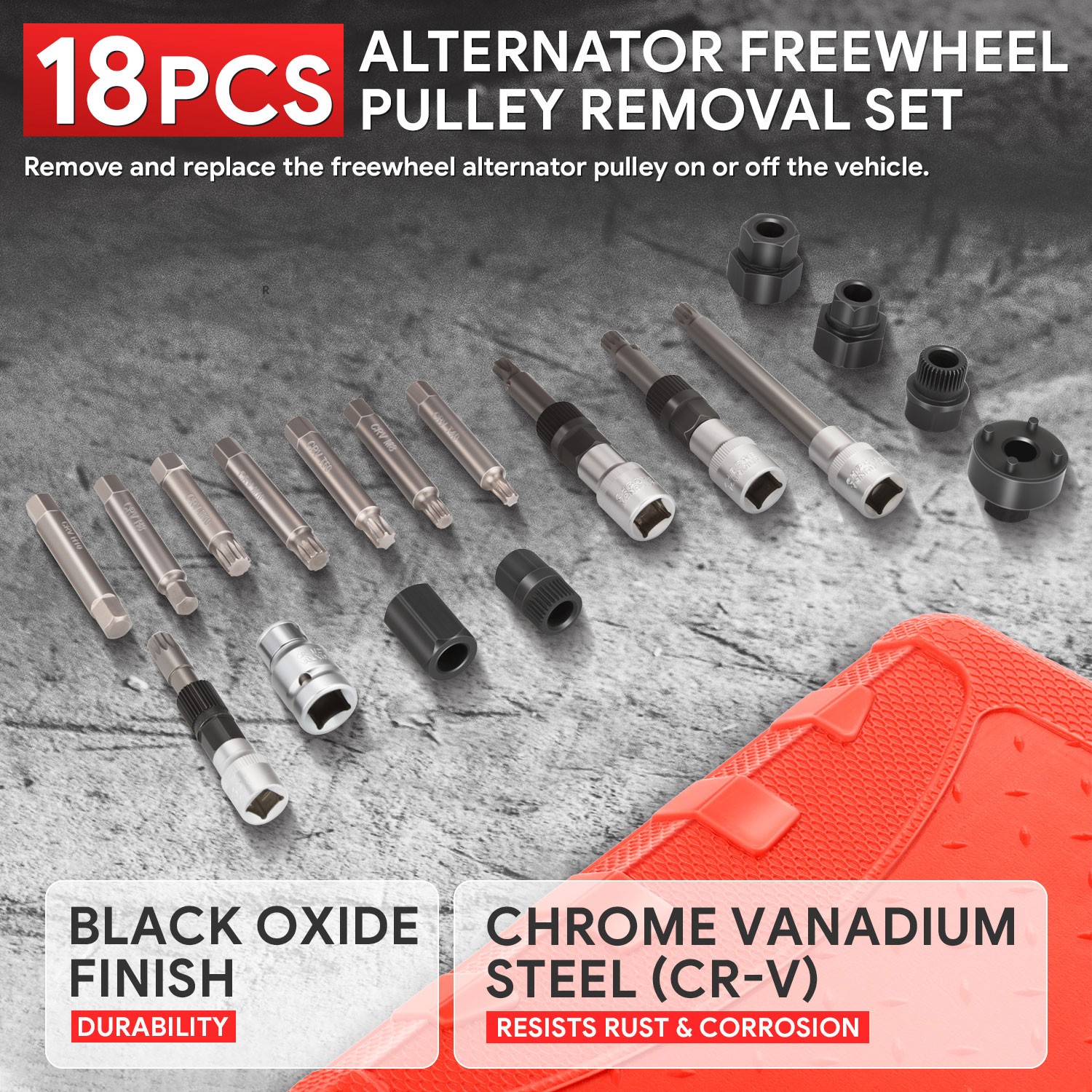 18Pcs Alternator Freewheel Pulley Removal Set Socket Bit Service Tool Kit w/Case