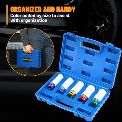 5-Piece Deep Impact Lug Nut Socket Set 15mm 17mm 19mm 21mm 22mm Thin Wall with S