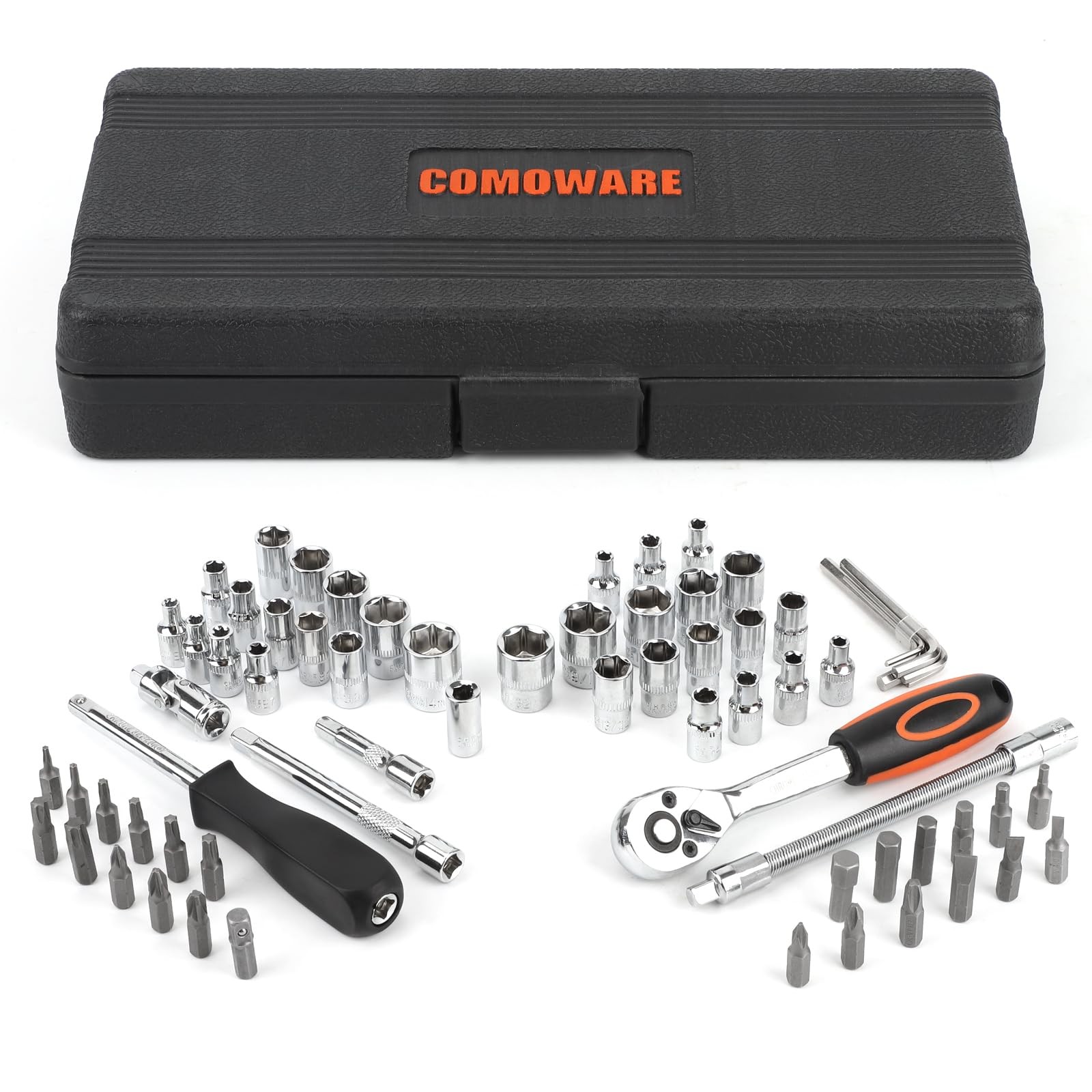 COMOWARE 69pcs Small Socket Set (1/4» & 3/8»), Metric & 69 PCS, Silver