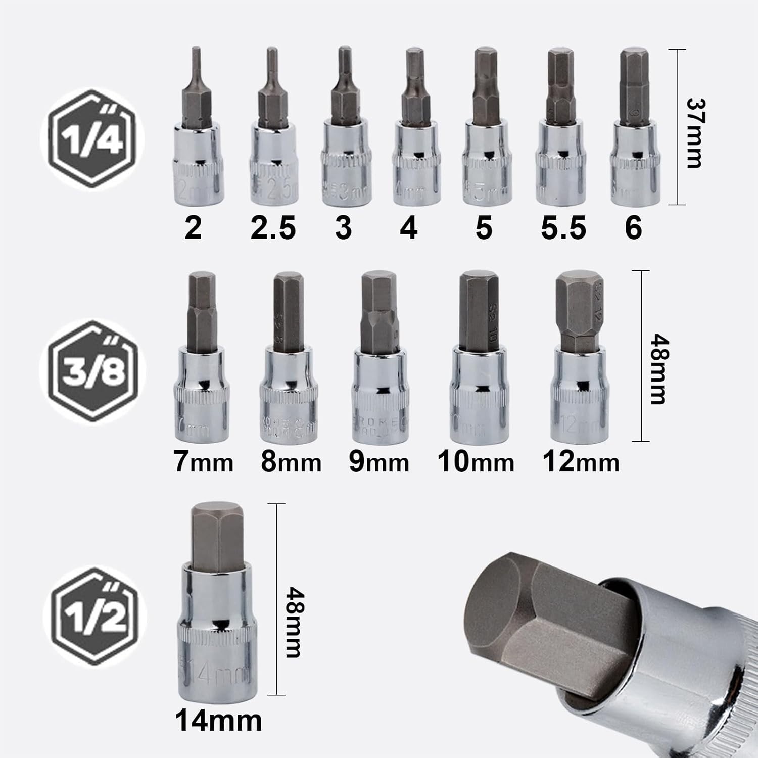 Versatile Hex Bit Socket Set with S2 Steel – 13 Pieces 2mm to 14mm