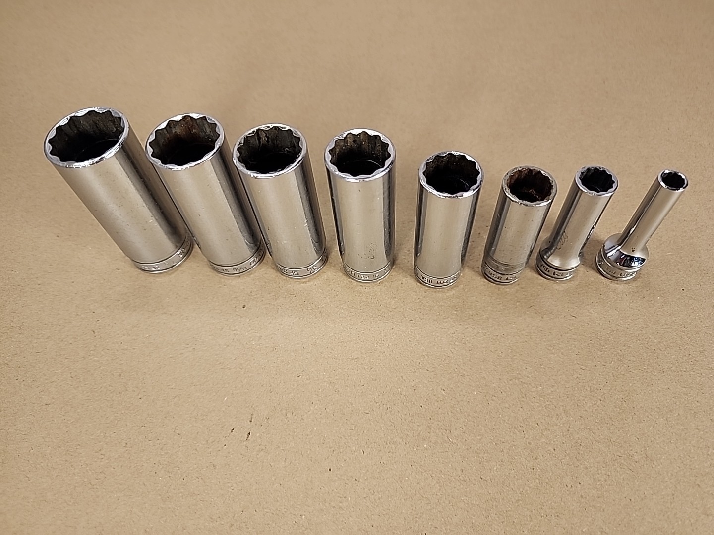 Snap-on Tools 8pc 3/8″ Drive SAE 12pt Deep Standard Sockets SF081-SF241