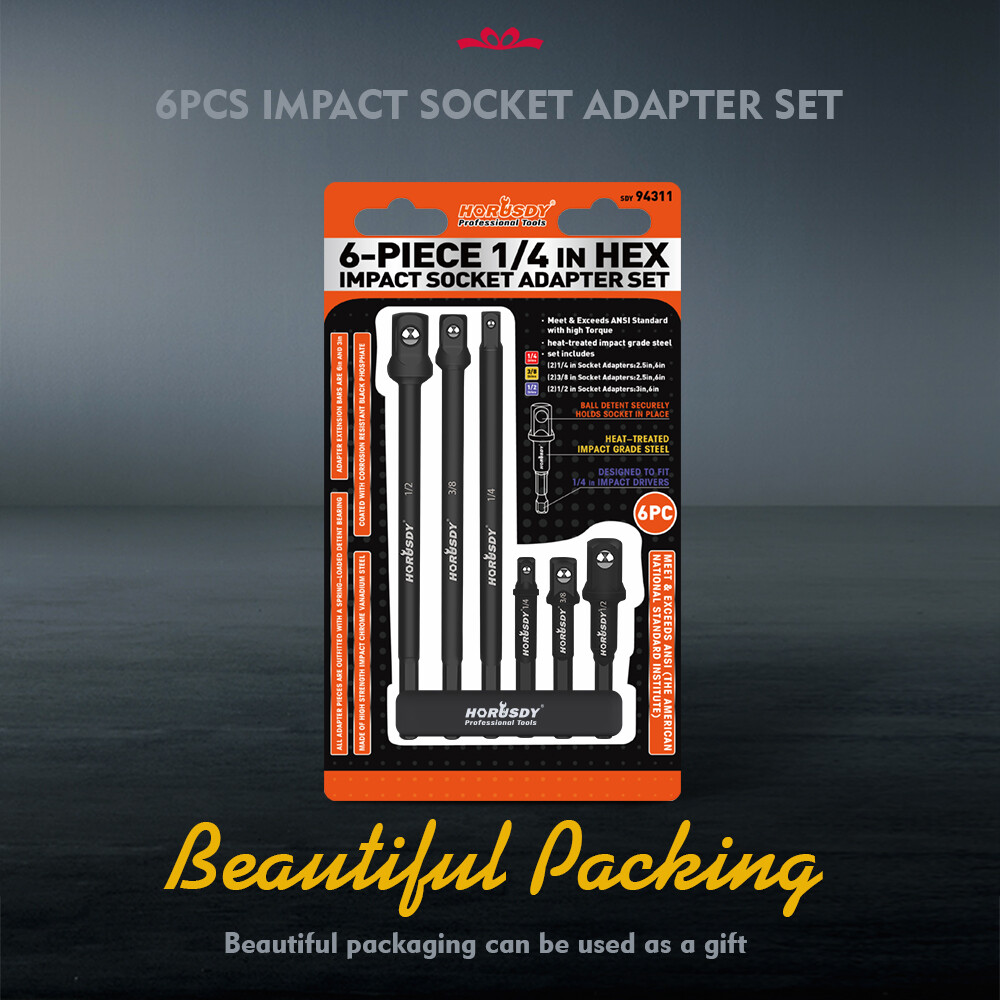 6 pc 6″ & 3″ Impact Grade Socket Adapter Set 1/4″ 3/8″ 1/2″ Drive 1/4″ Hex Shank