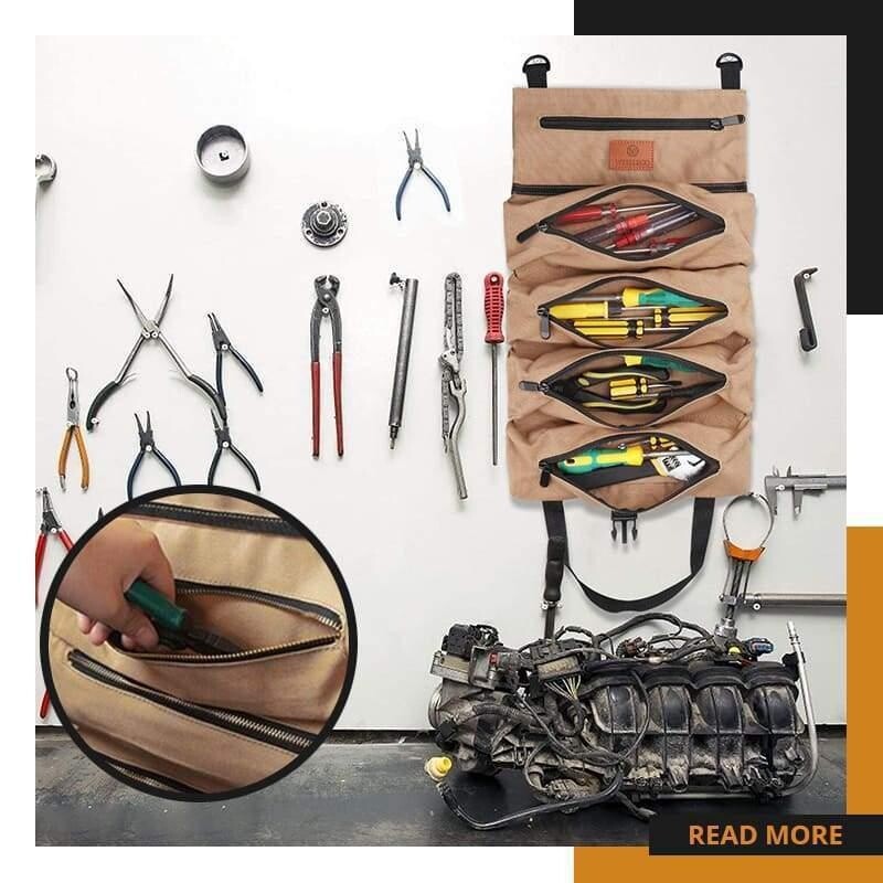 Auto Roll Up Tool Bag Multiple Pockets Canvas Storage Hanging Tool Bag