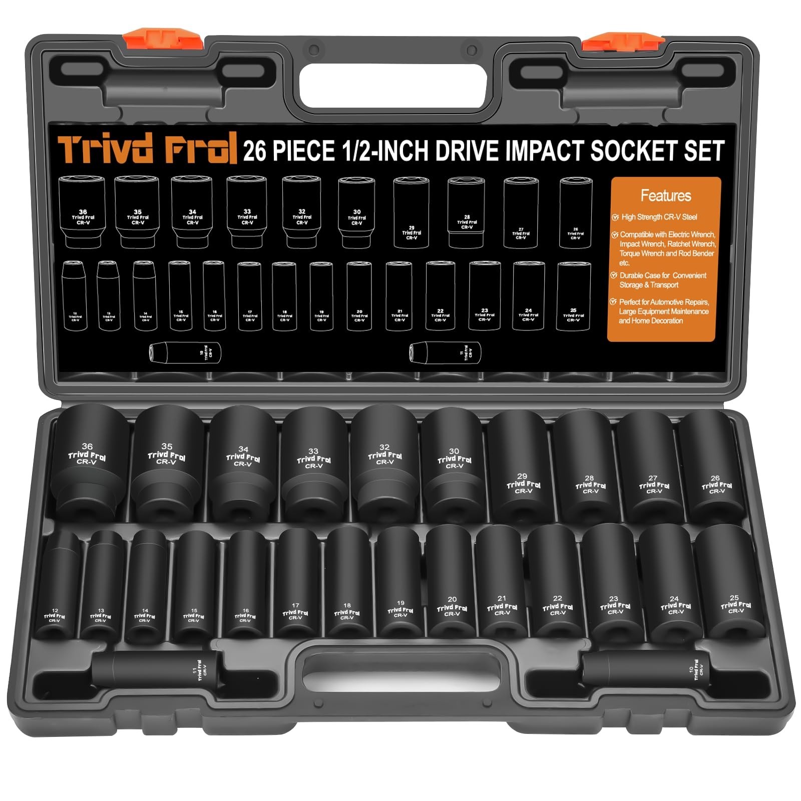 26-Piece Metric Impact Socket Set 1/2″ Drive, Deep Sockets 10mm-36mm, Cr-V Steel