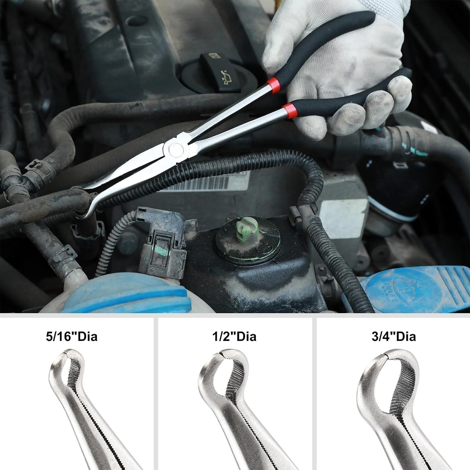 6PCS Extra Long Reach Pliers Set, 11″ Straight ,45 and 90 Bent Nose, 5/16″, 1/2″