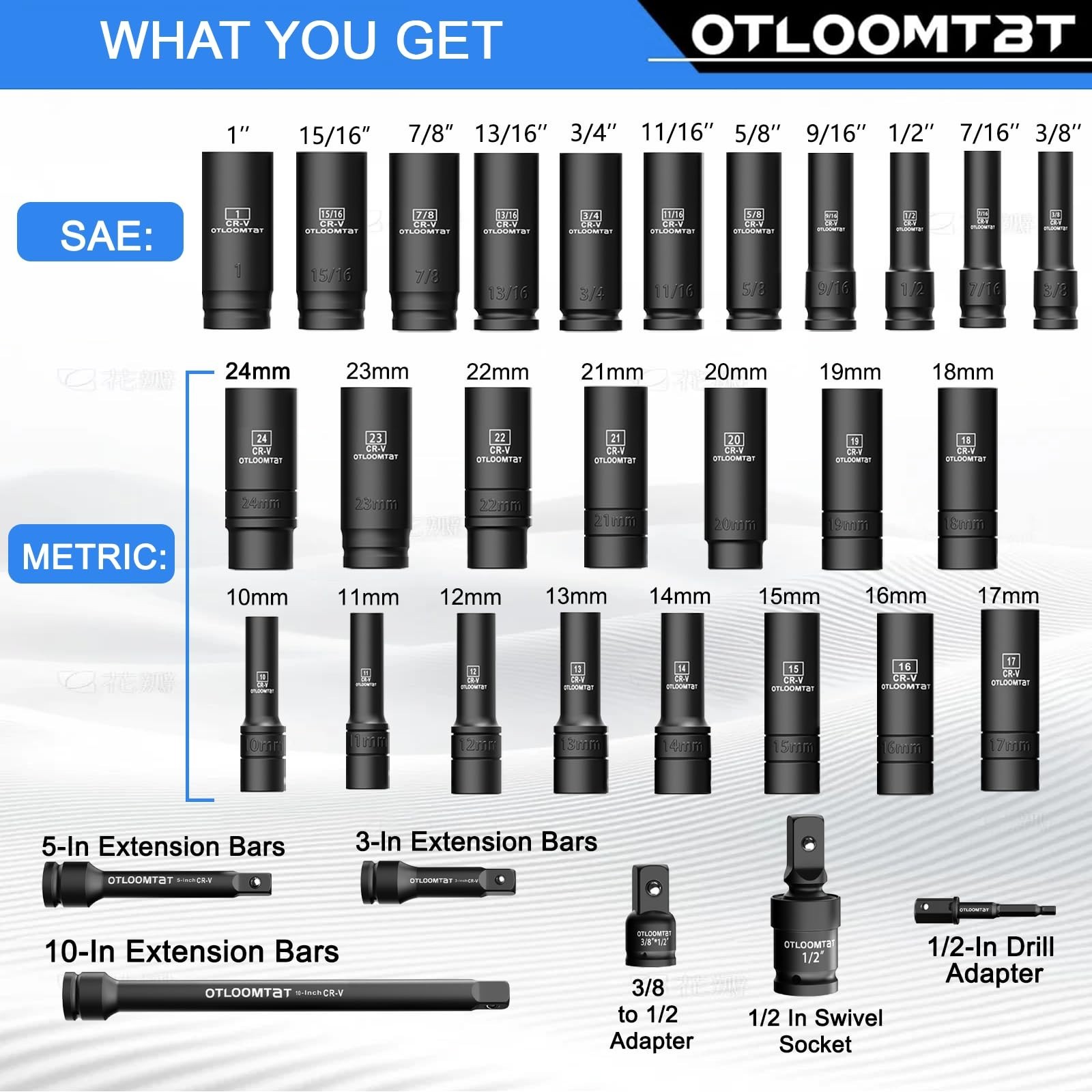 32PCS 1/2″ Drive Impact Socket Set – Heavy Duty Deep Metric/SAE, Cr-V Coating, S