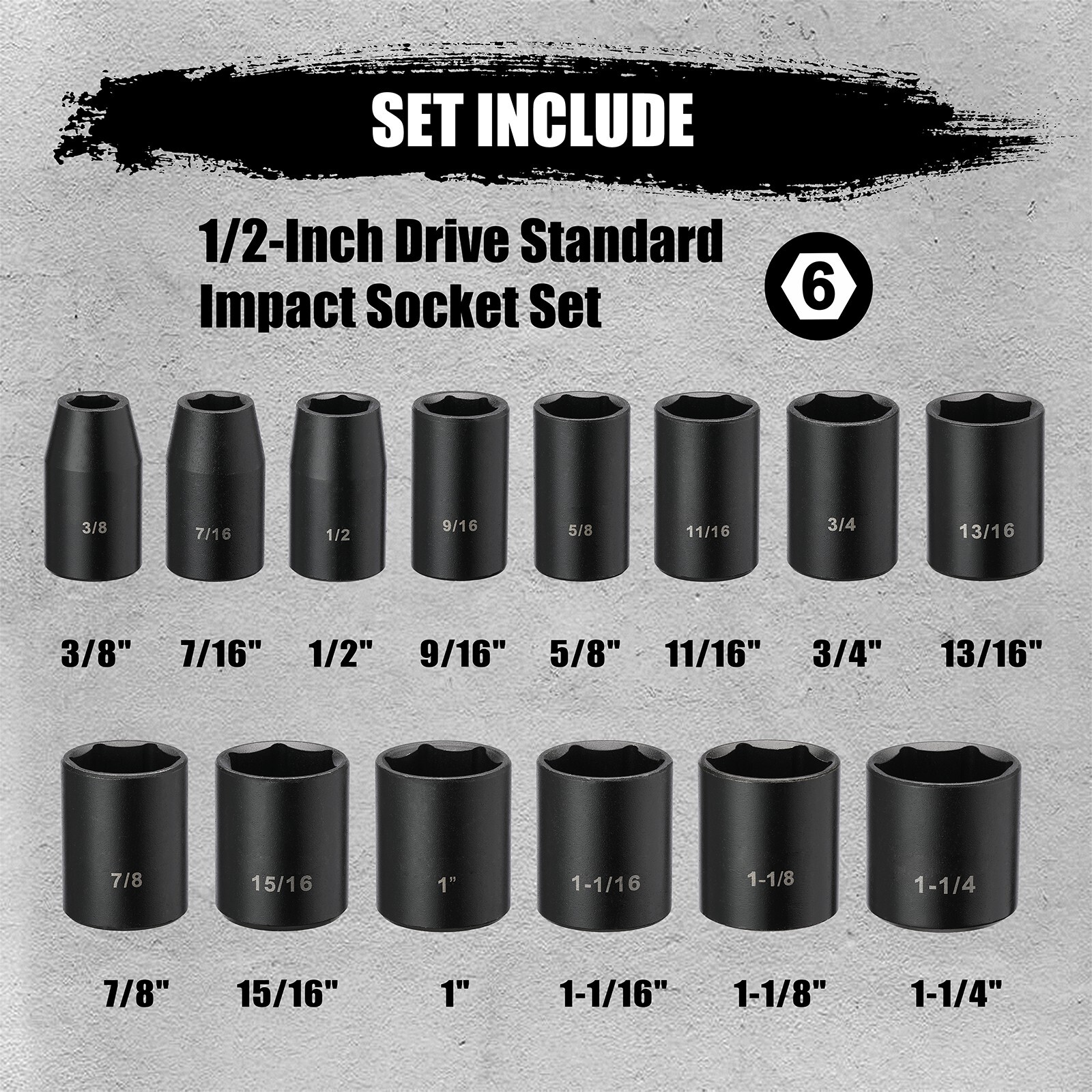 14 Pieces 1/2-Inch Drive Shallow Impact Socket Set, SAE, 6-Point, 3/8″ to 1-1/4″