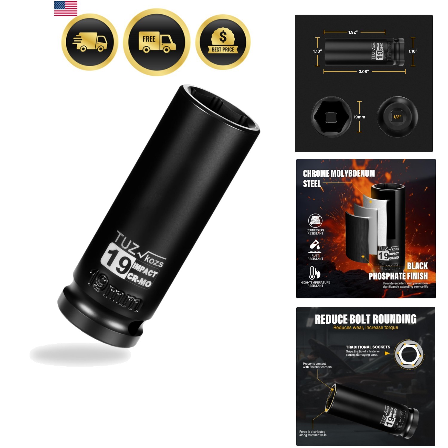 1/2 Inch Drive 19mm Deep Metric Impact Socket,CR-MO,6 Point Radius Corner Des…
