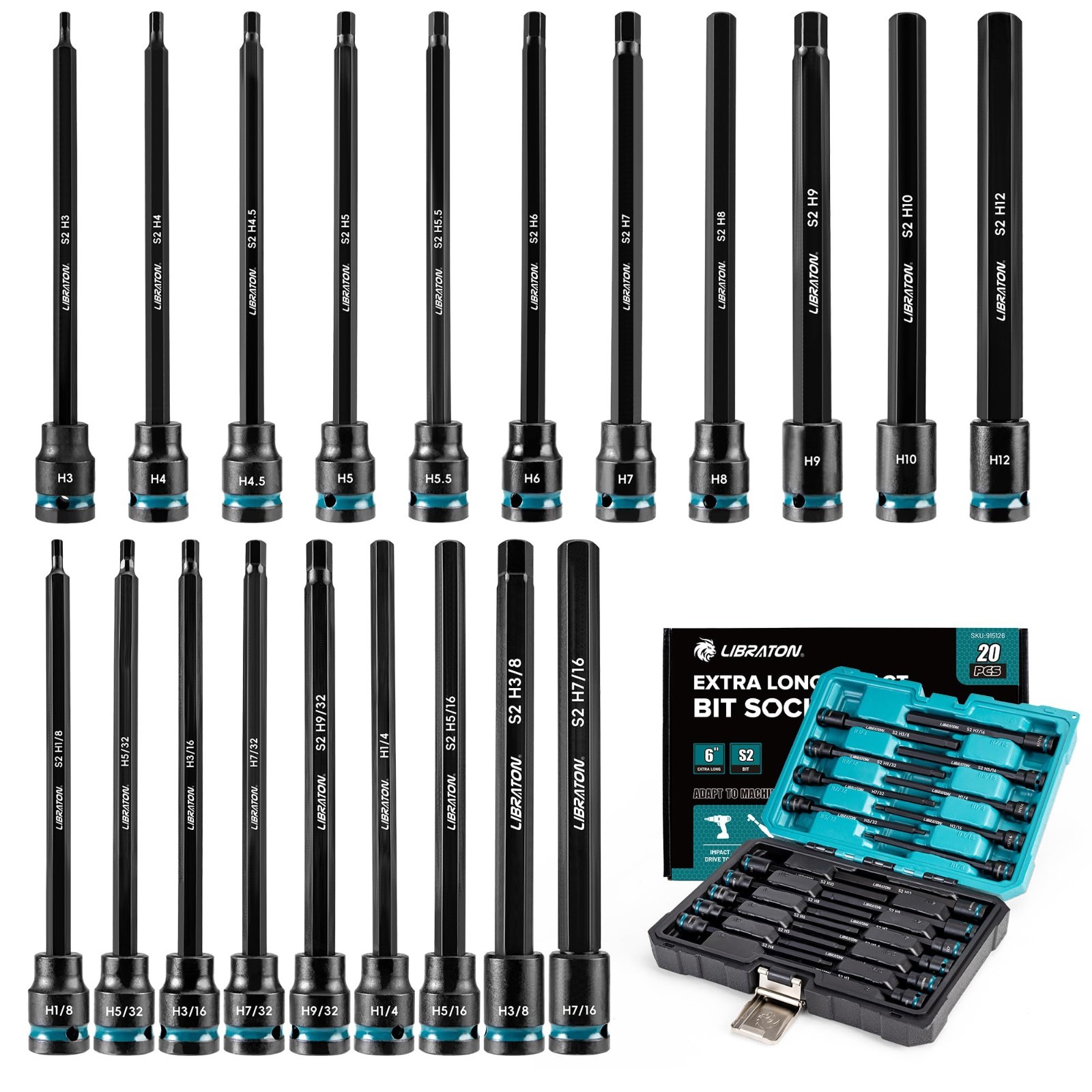 20PCS Long Impact Hex Bit Socket Set, S2 Steel Allen Wrench Sockets, SAE/Metric