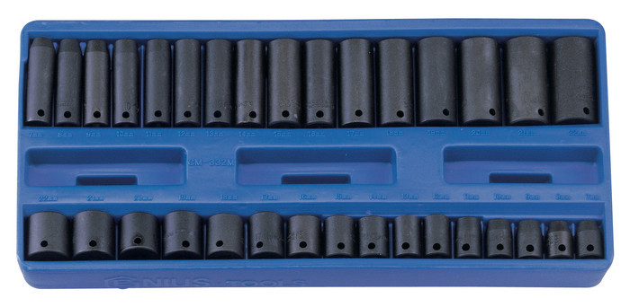 GENIUS TOOLS TF-332M 32 PIECE STANDARD & DEEP 3/8” SQ DR IMPACT SOCKET SET 7-22m