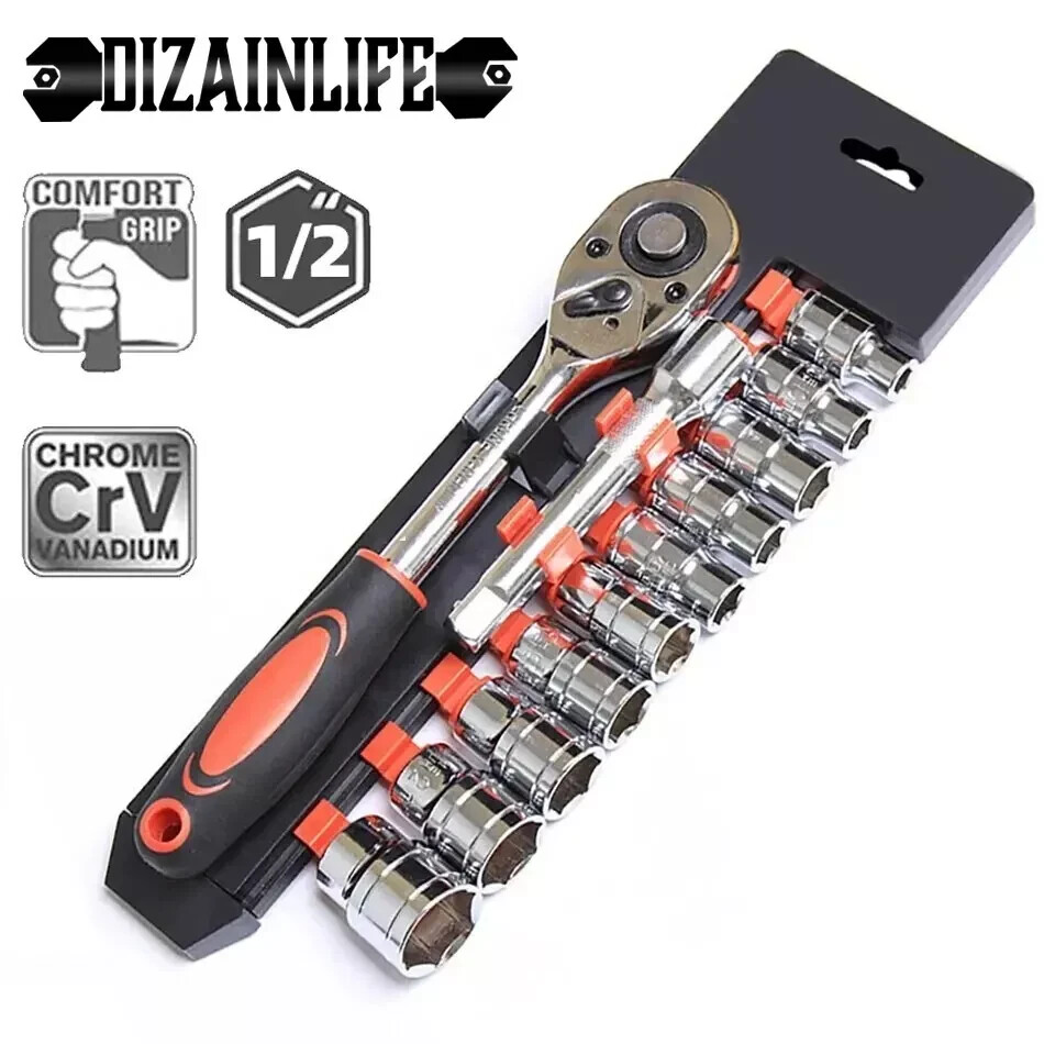 12pcs 1/2 Inch Socket Wrench Set Impact Sockets Ratchet Spanner Garage Tool Kit