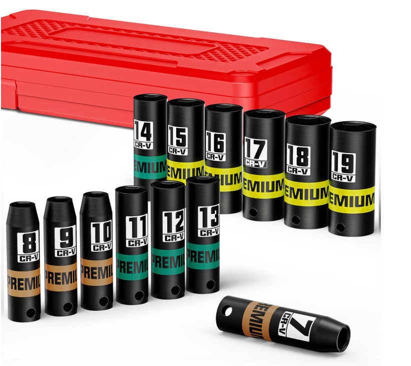 Juego de 13 piezas de llaves de impacto profundas de 3/8″, 7-19 mm, CR-V, 6 punt