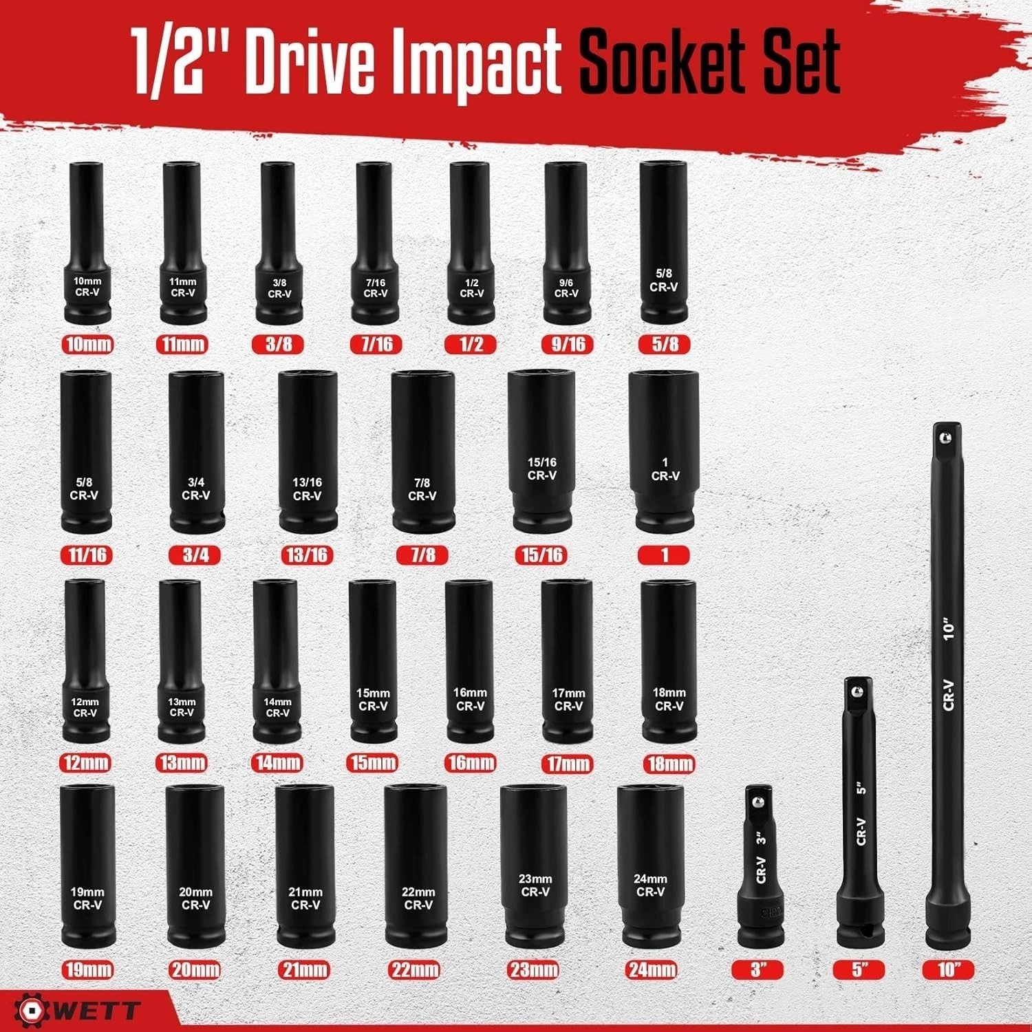 29-Piece Chrome Vanadium Impact Socket Set with 3 Extension Bars – SAE & Metric