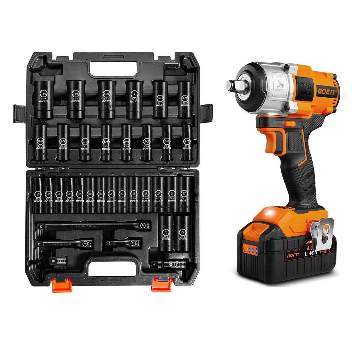 Boen Impact Wrench 1/2″ Brushless Electric, With 35 Pcs Impact Socket Set,IW75