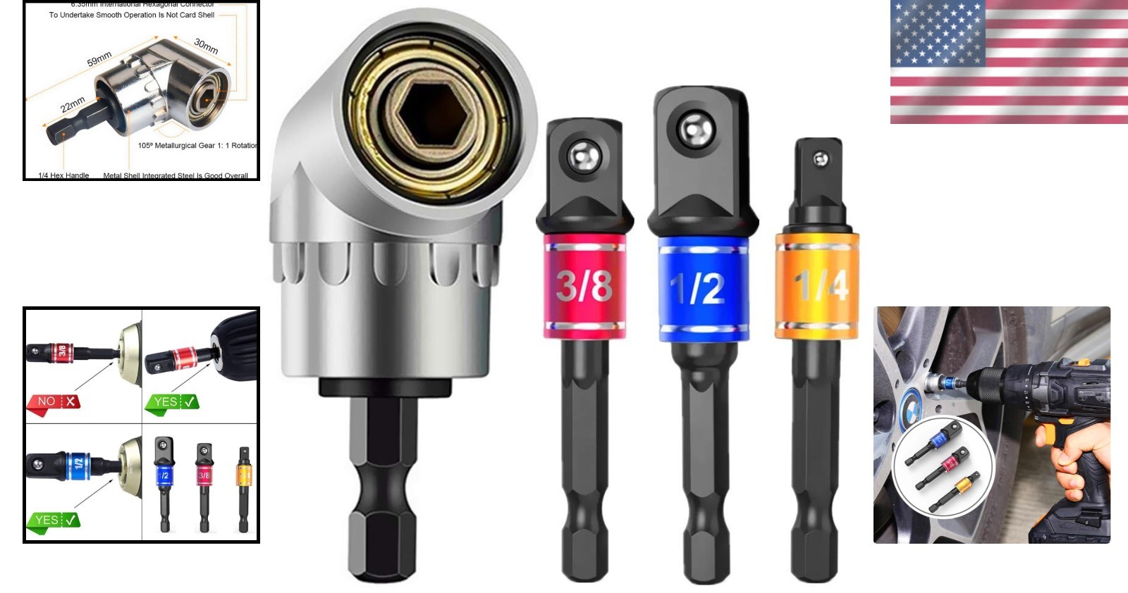 Versatile 1/4, 3/8, 1/2 Inch Hex Socket Adapters with Right Angle Extension Tool
