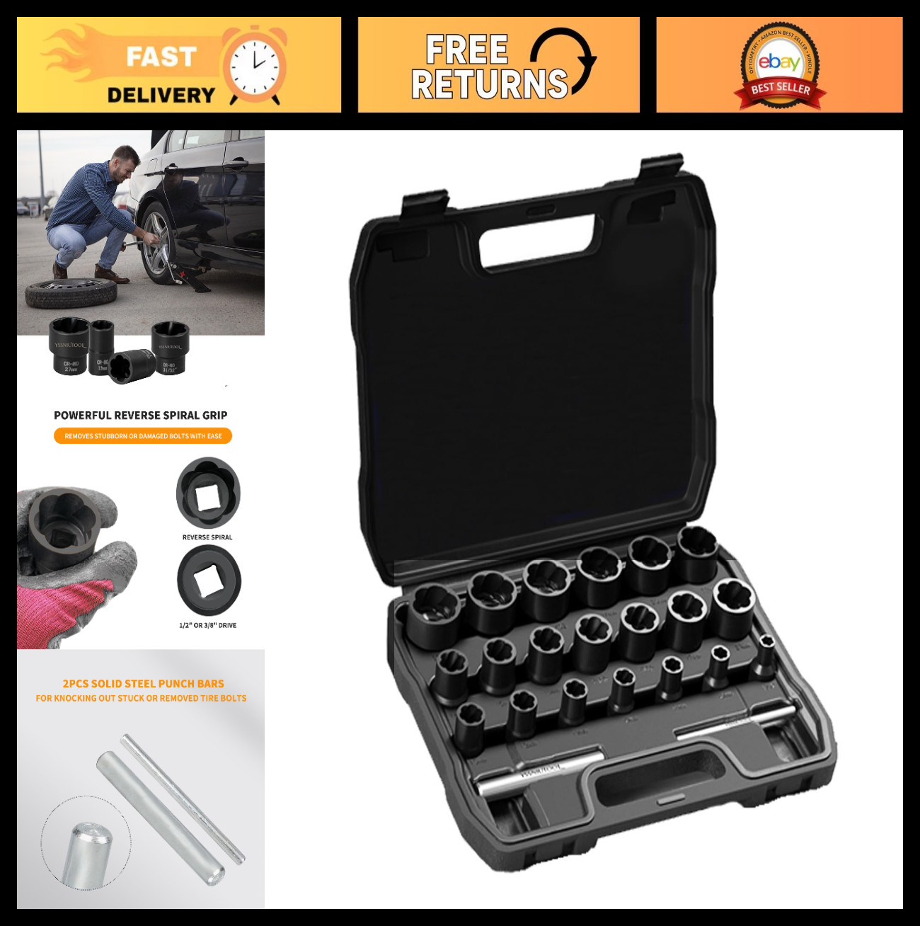 22-Piece Bolt Nut Extractor Set – Impact Lug Nut & Wheel Lock Removal Tool for S