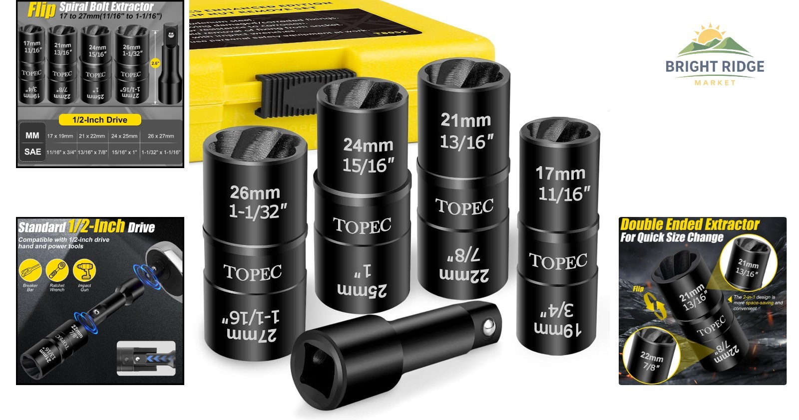 Automotive Lug Nut Extractor Set, 1/2 Inch Drive for Damaged Bolts 5 Pieces