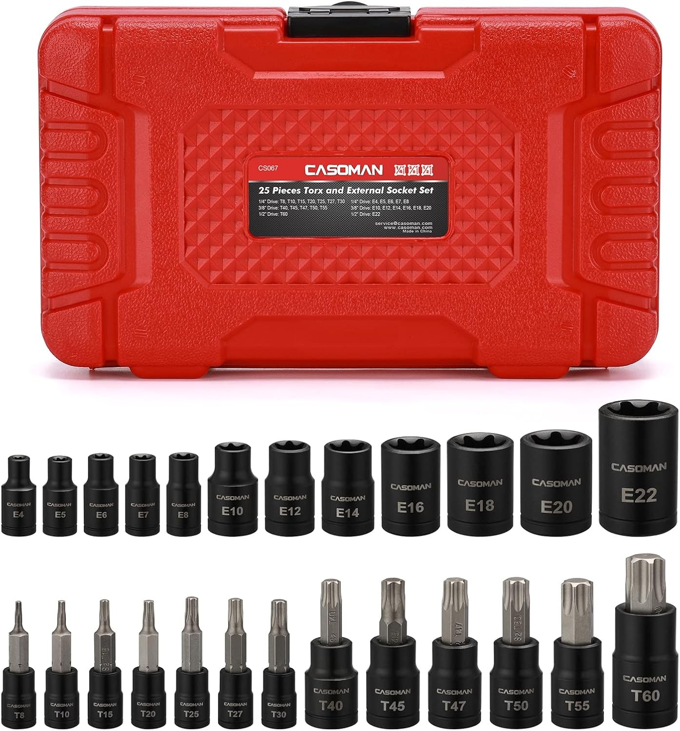 CASOMAN 25 Piece Torx Bit Socket and External 25Piece (T8-T60 & E4-E22)