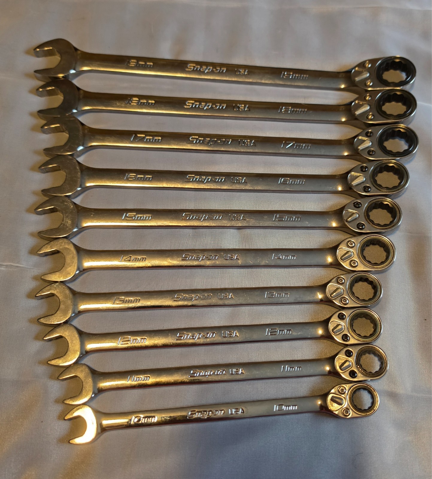 Snap on SOXRRM710A 10 pc METRIC Ratcheting Combination Wrench Set 10 – 19mm Mint