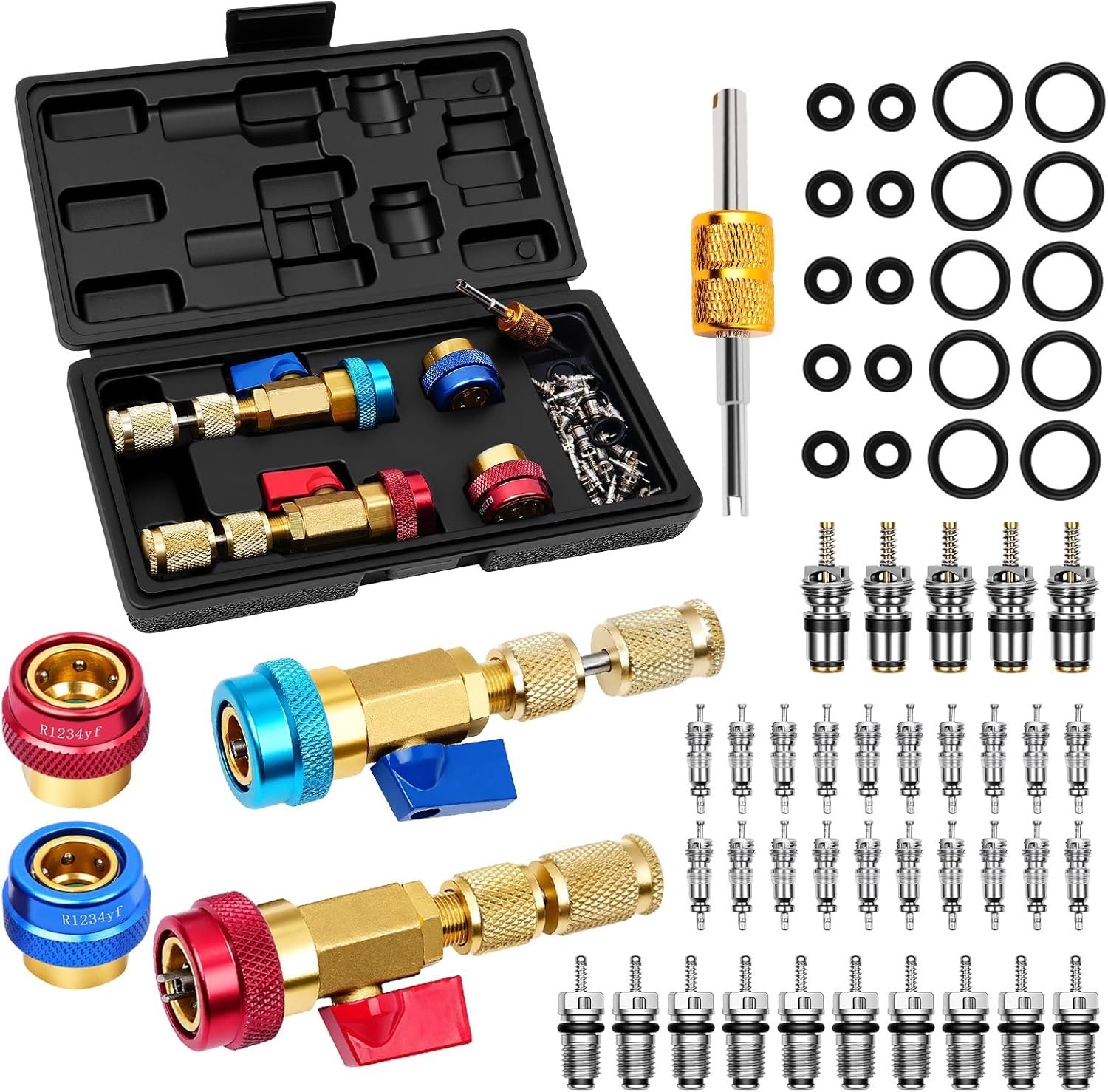 60pcs Schrader Valve Core Removal Tool Kit for R134A R1234YF R22 with O-Ring Sea