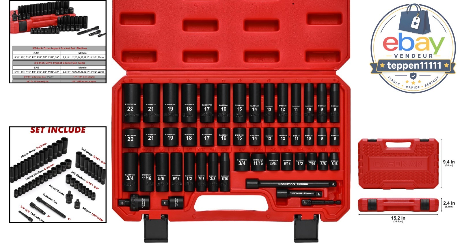 3/8″ Drive Impact Socket Set, 49 Piece SAE Metric 5/16″ to 3/4″