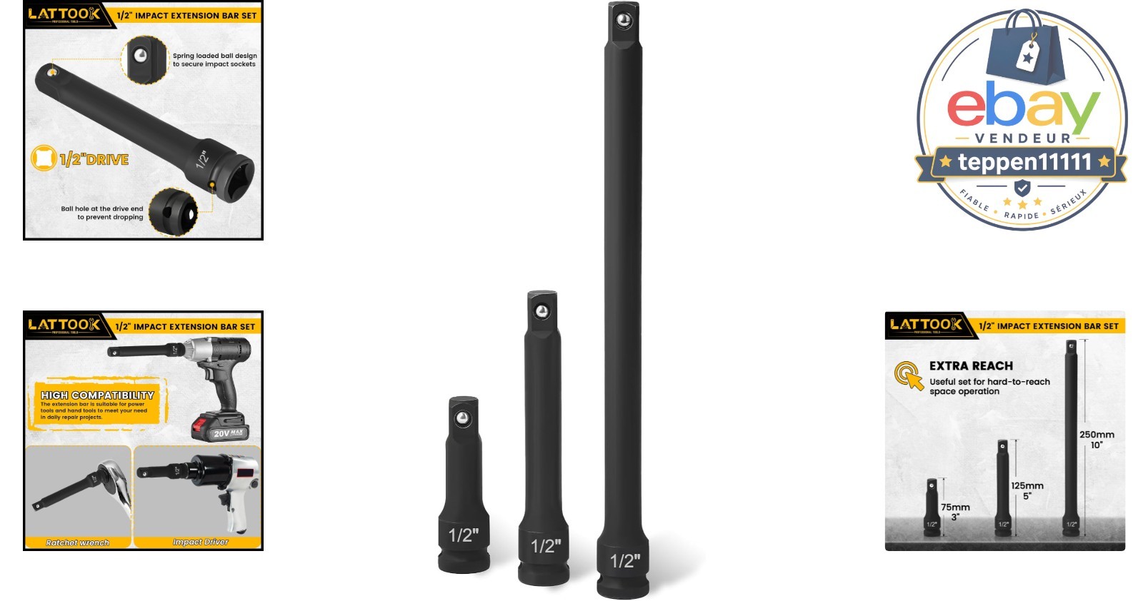 1/2 Inch Drive Impact Extension Bar Set, 3 Piece Socket Extensions