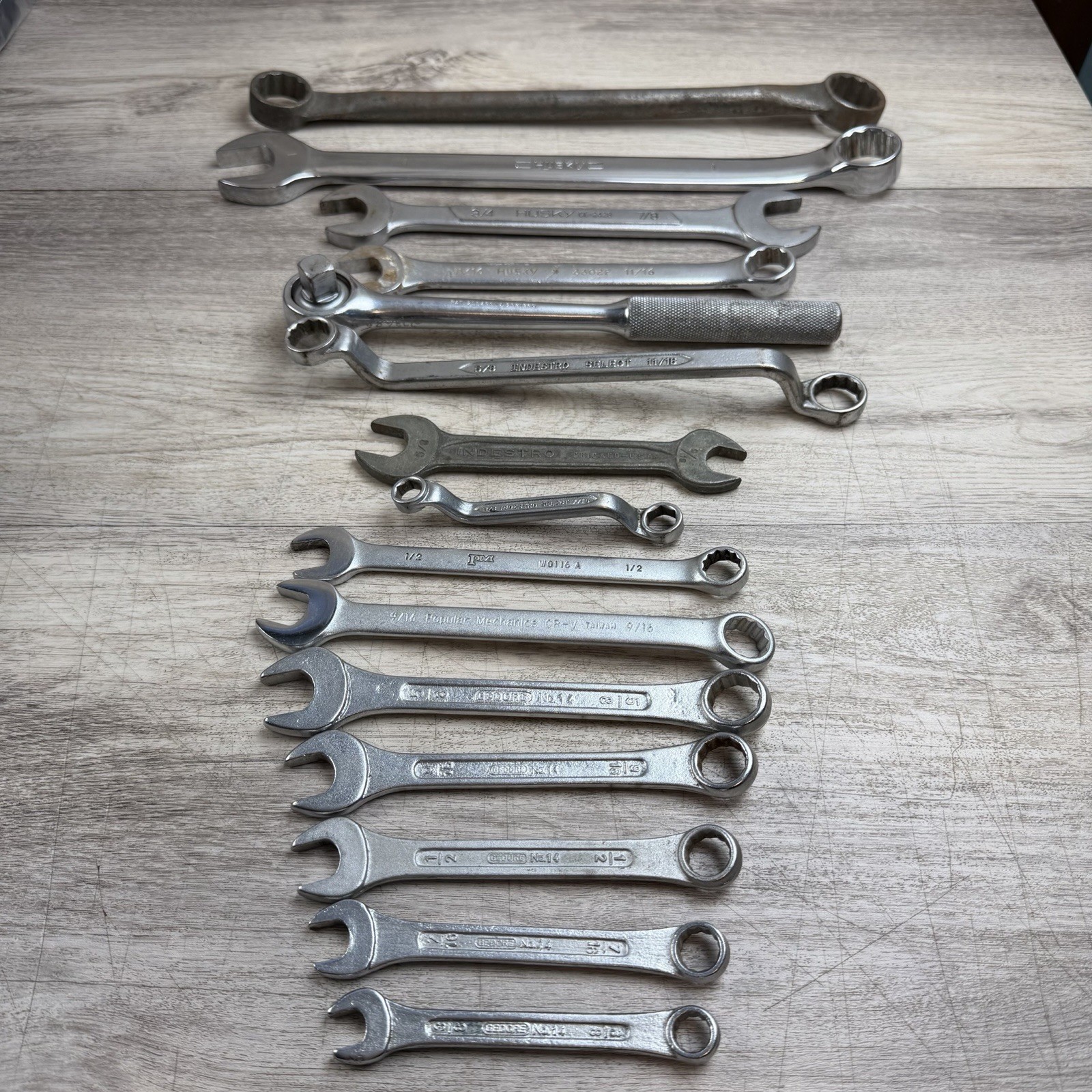 Wrench Lot 15pc Combination & Open End Various Sizes Husky Indestro Gedore +