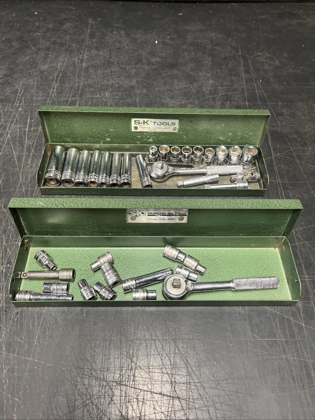 SK Tools 2 Incomplete 1/4” Drive Socket Sets W/ Ratchets & Metal Cases USA Made