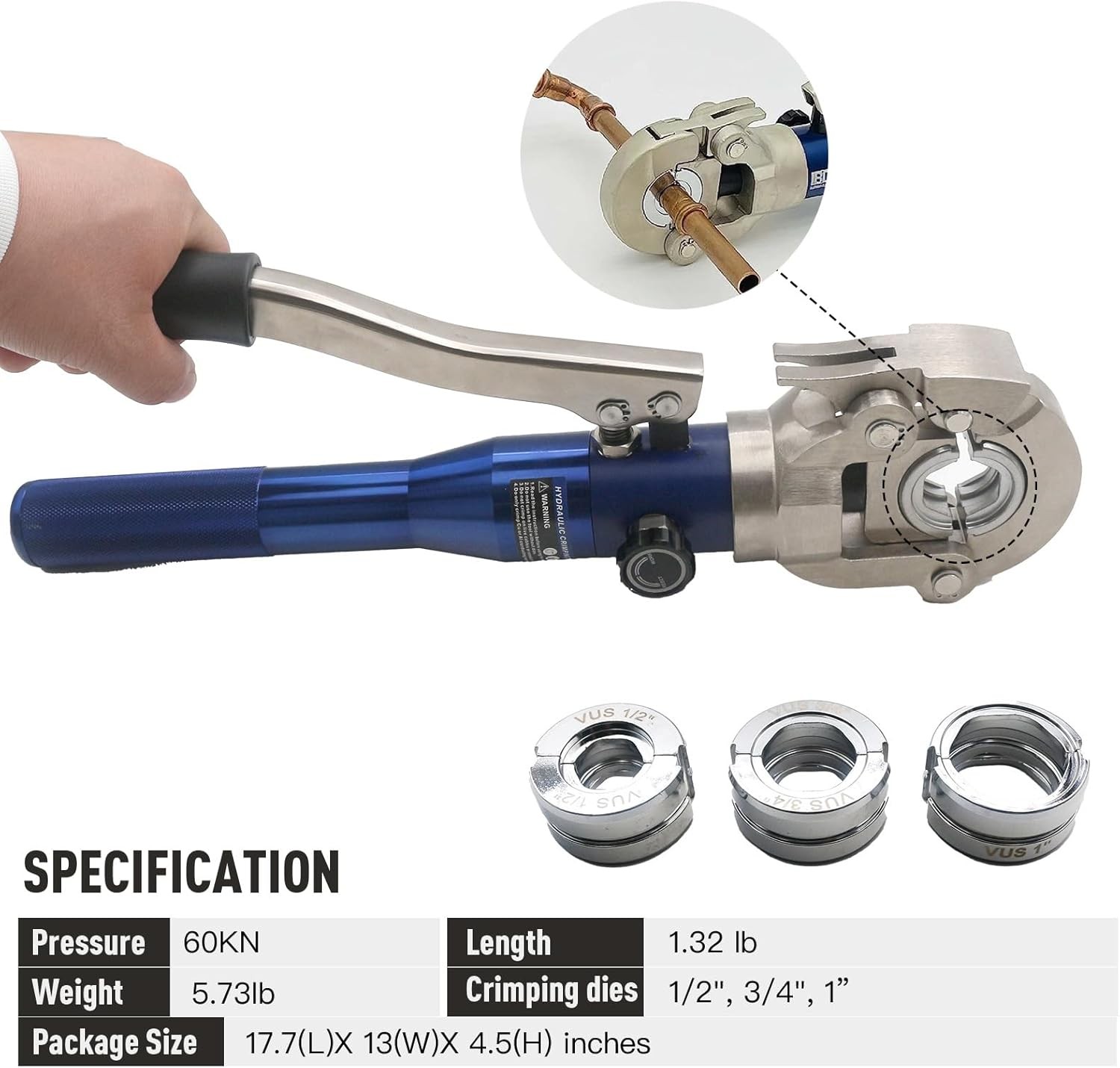 Hydraulic Copper Press Tool with 1/2″,3/4″ and 1″ Jaw Black, Blue, Silver