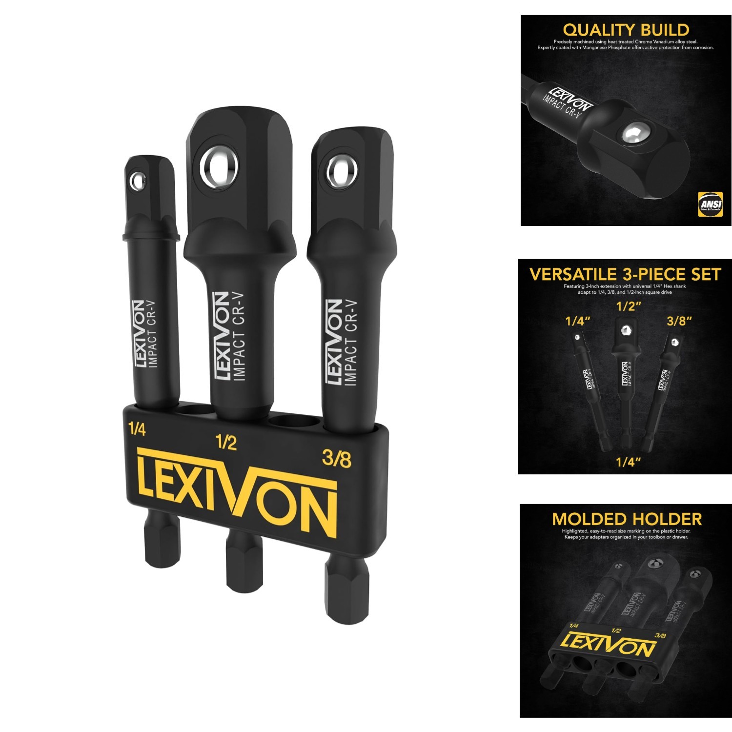 3pc Impact Grade Socket Adapter Set 1/4″ 3/8″ 1/2″ Hex Shank Drill Driver Extend
