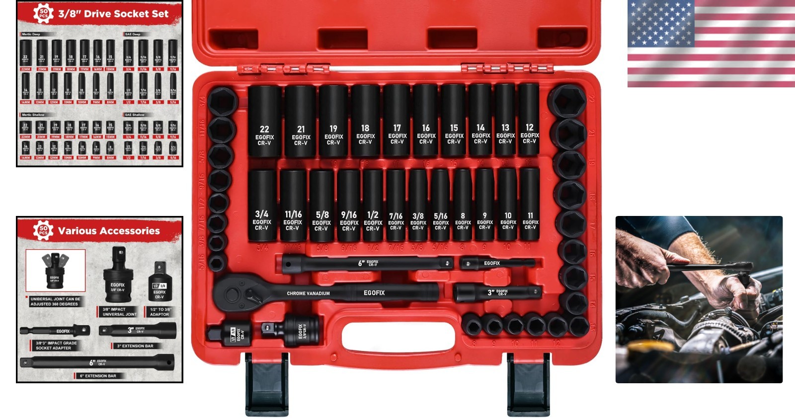 3/8″ Drive Impact Socket Set, 50 Piece Standard SAE 5/16 to 3/4 inch and Metr…