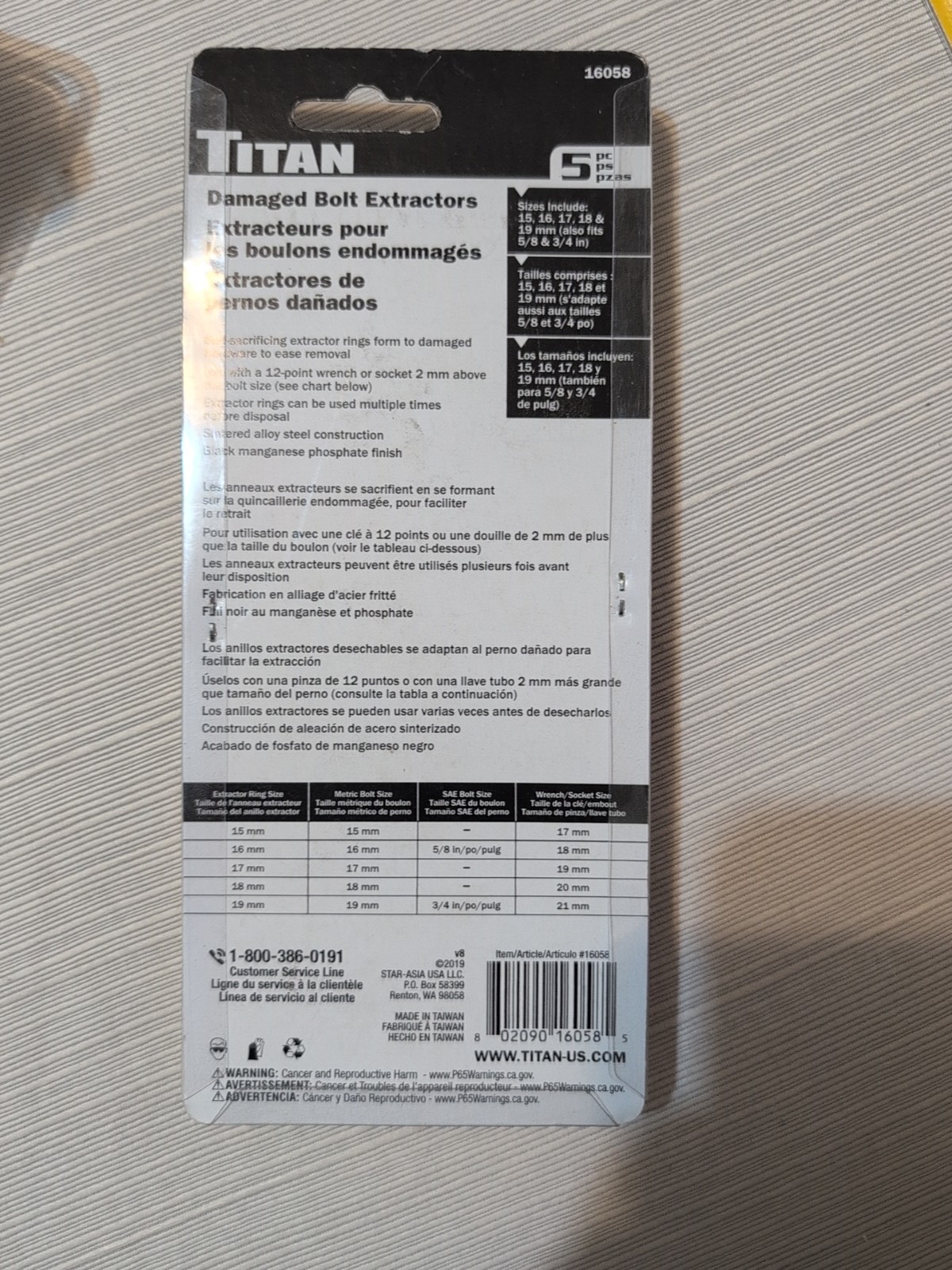 Titan Tools 16058 5-Piece Disposable Damaged Bolt Extractor Ring Set